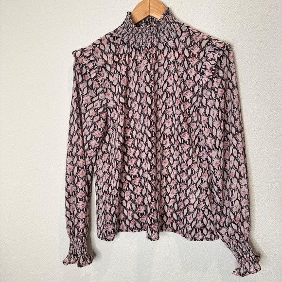 sen Pink & Black Smocked Long Sleeve Snake Print Sheer Blouse - Size XS - EUC - Picture 2 of 7